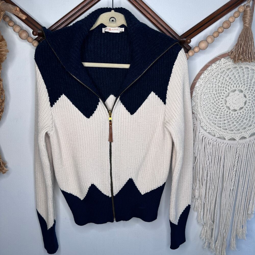 Tory Burch Chevron Colorblock Zip Wool Blend Cardigan